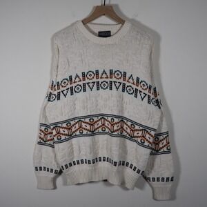 Vintage Lands End Geometric Chunky Knit Sweater Ivory Men's Large 22.5x28